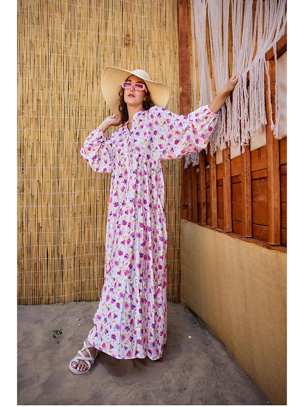 Kadın Sulu Boya Çiçek Desen Elbise Fuşya-4