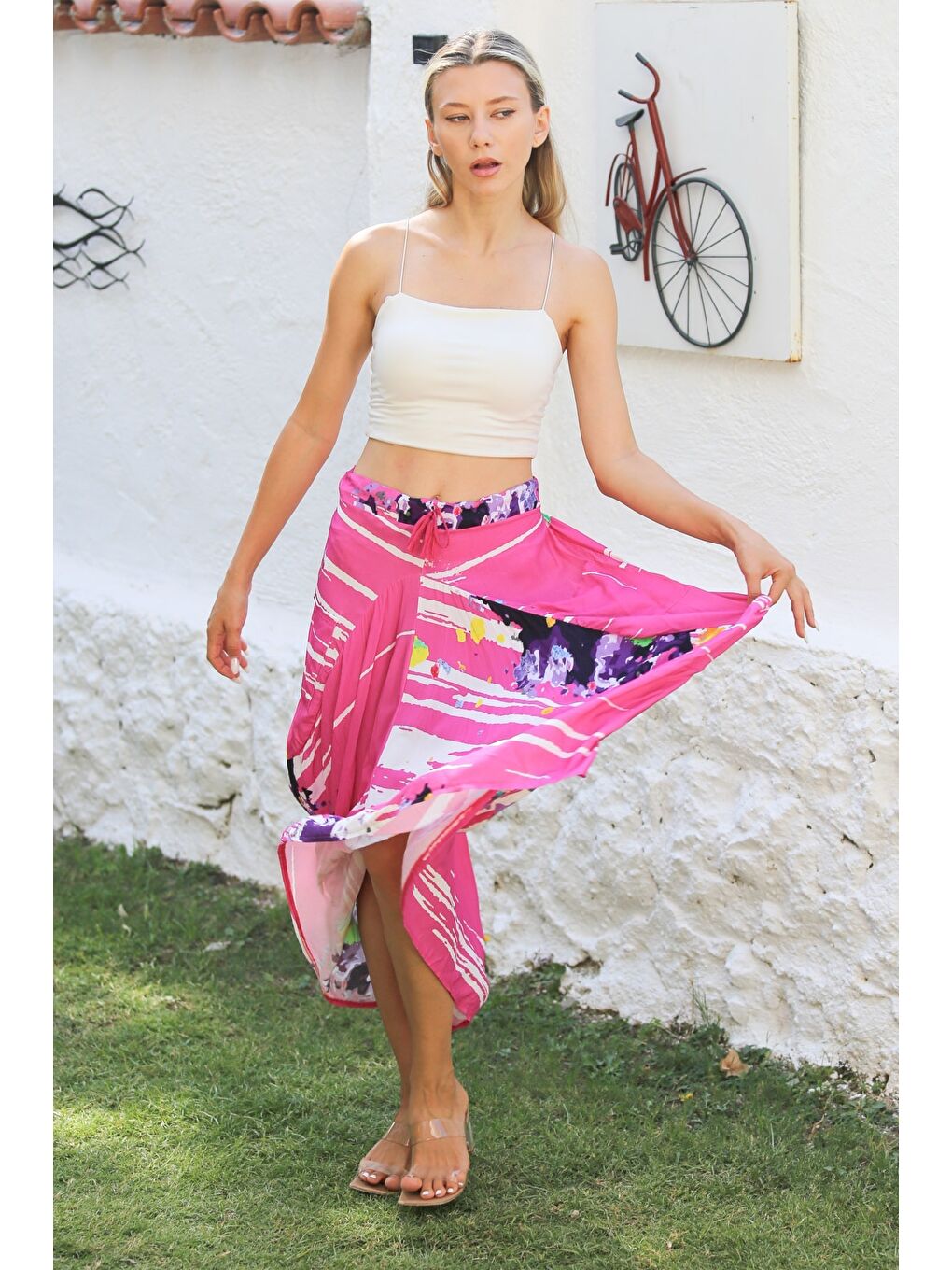 Pembe Çift Cepli Allover Baskılı Dokuma Asimetrik Lastikli Ve Bağlamalı Bel Casual Etek-3