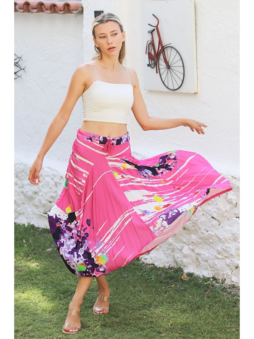 Pembe Çift Cepli Allover Baskılı Dokuma Asimetrik Lastikli Ve Bağlamalı Bel Casual Etek-4