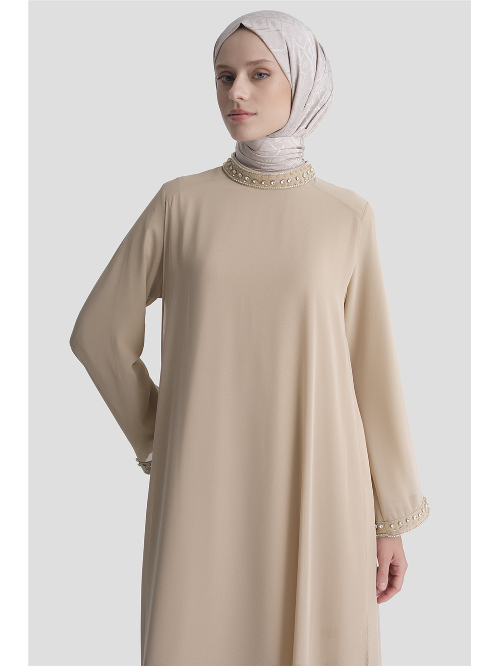 Taş Detaylı Elbise Bej-2