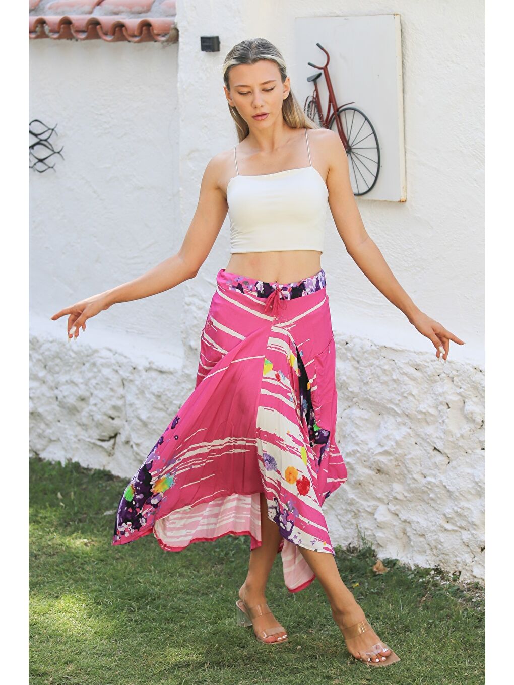 Pembe Çift Cepli Allover Baskılı Dokuma Asimetrik Lastikli Ve Bağlamalı Bel Casual Etek-5