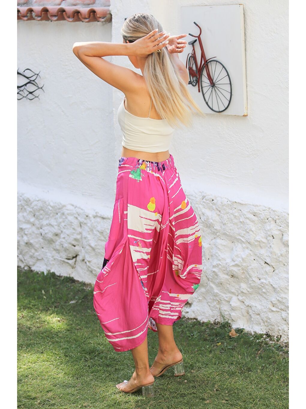 Pembe Çift Cepli Allover Baskılı Dokuma Asimetrik Lastikli Ve Bağlamalı Bel Casual Etek-6