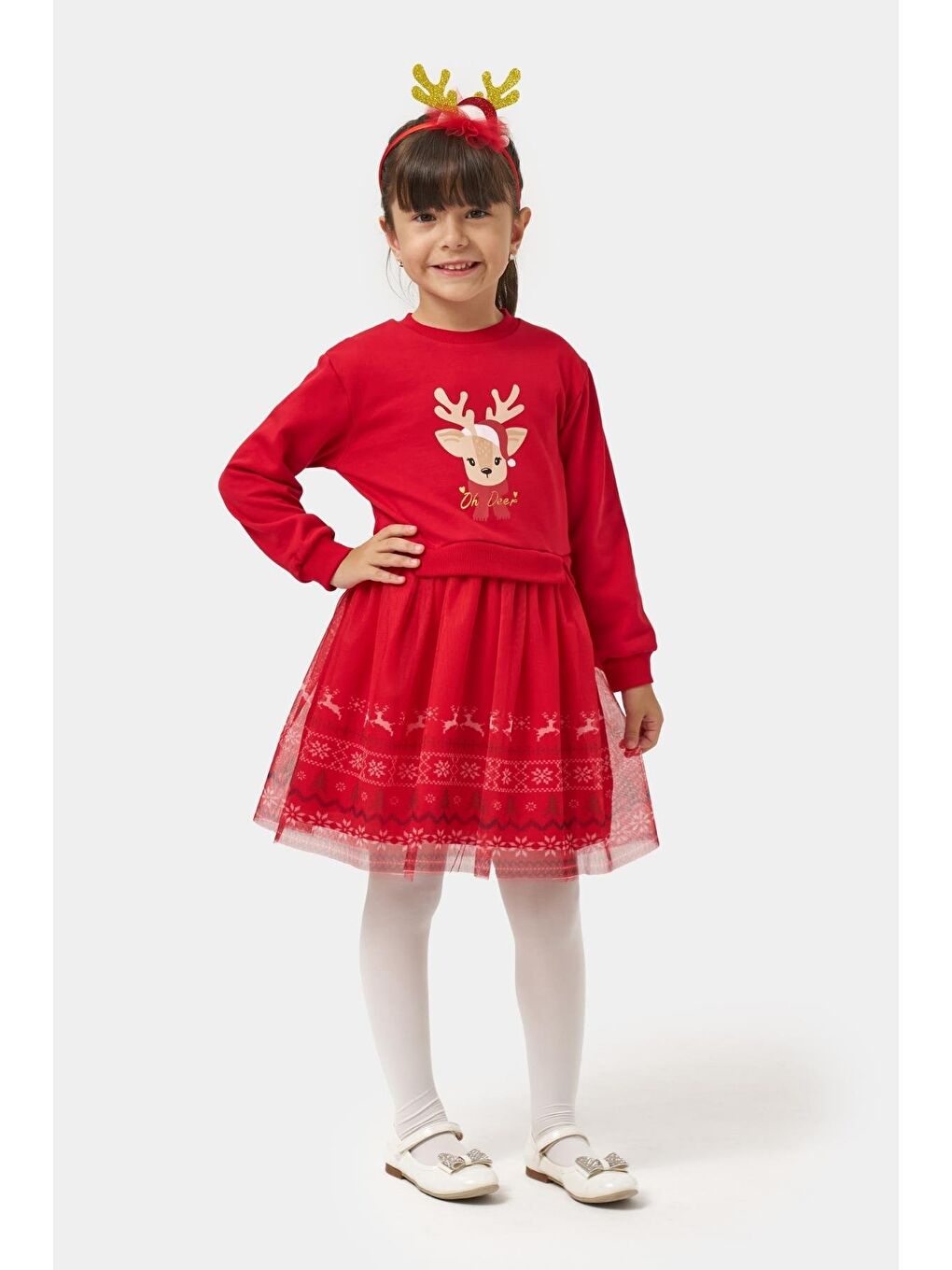 Kız Çocuk Pamuklu Kırmızı Geyik Desenli Tüllü Elbise - Yılbaşı Konseptli Oh Deer Baskılı-1
