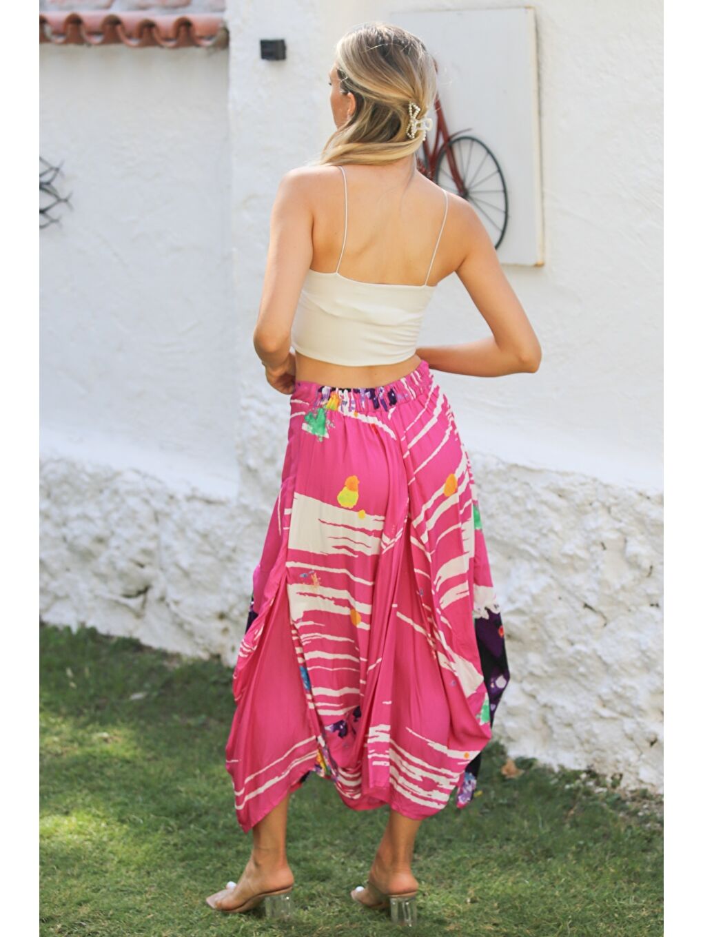 Pembe Çift Cepli Allover Baskılı Dokuma Asimetrik Lastikli Ve Bağlamalı Bel Casual Etek-7