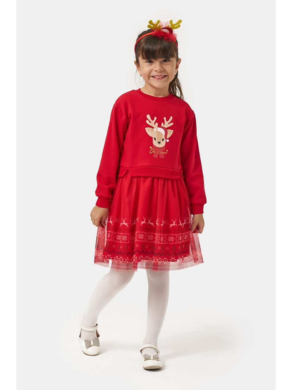 Kız Çocuk Pamuklu Kırmızı Geyik Desenli Tüllü Elbise - Yılbaşı Konseptli Oh Deer Baskılı-2