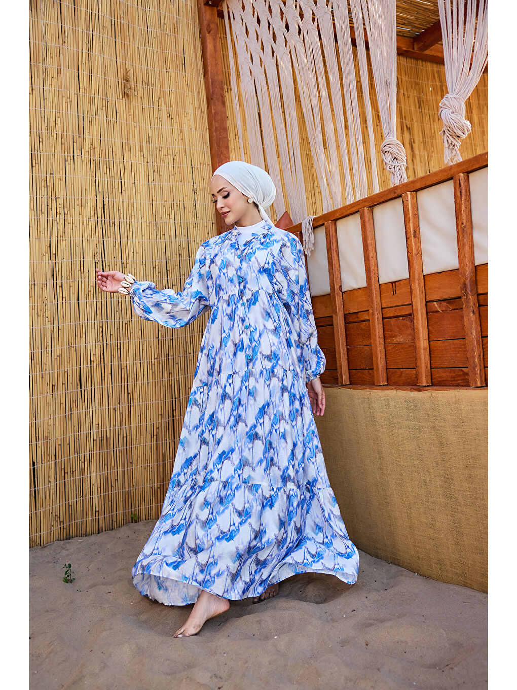 Kadın Fırça Desen Elbise Mavi-2