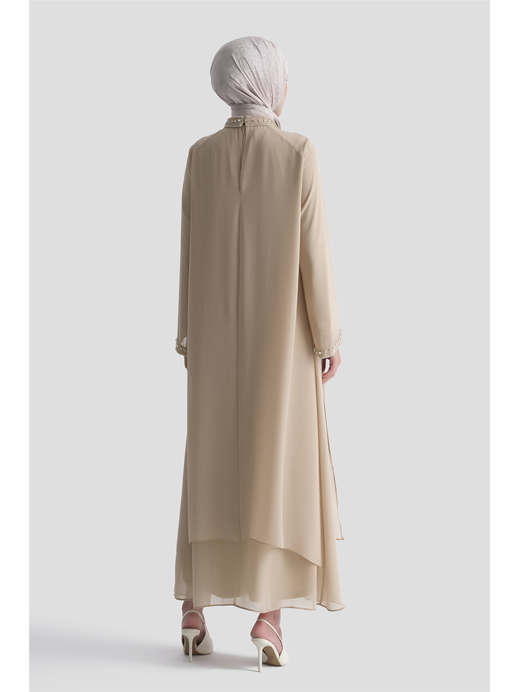 Taş Detaylı Elbise Bej-4