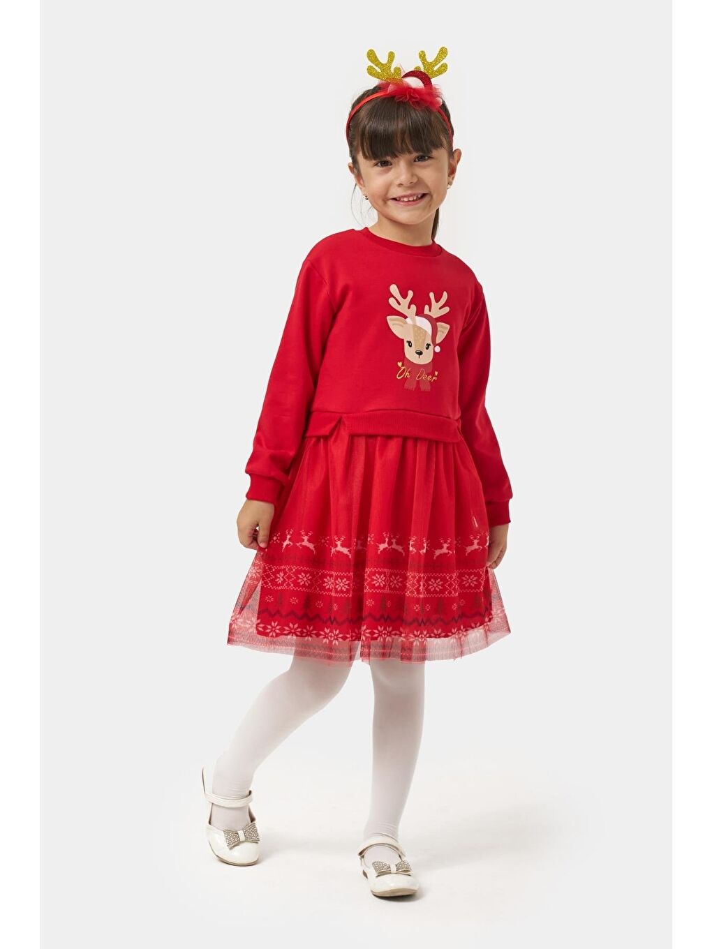 Kız Çocuk Pamuklu Kırmızı Geyik Desenli Tüllü Elbise - Yılbaşı Konseptli Oh Deer Baskılı-3
