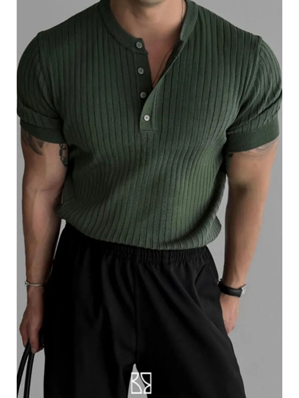 Erkek Hakim Yaka Düğmeli Triko T-Shirt-1