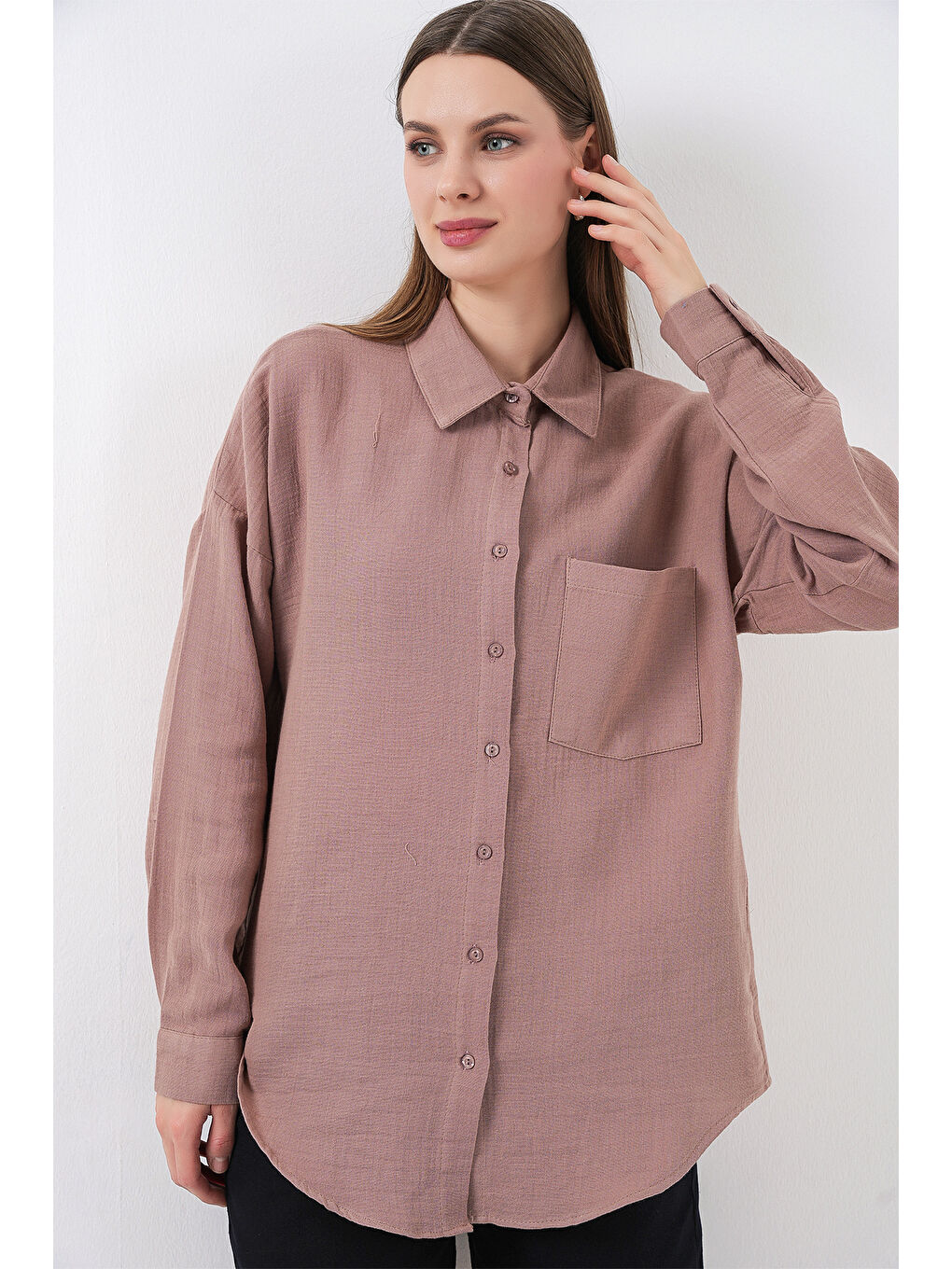 Pembe Kadın Tek Cepli Oversize Müslin Gömlek 20353 - Gül Kurusu-3