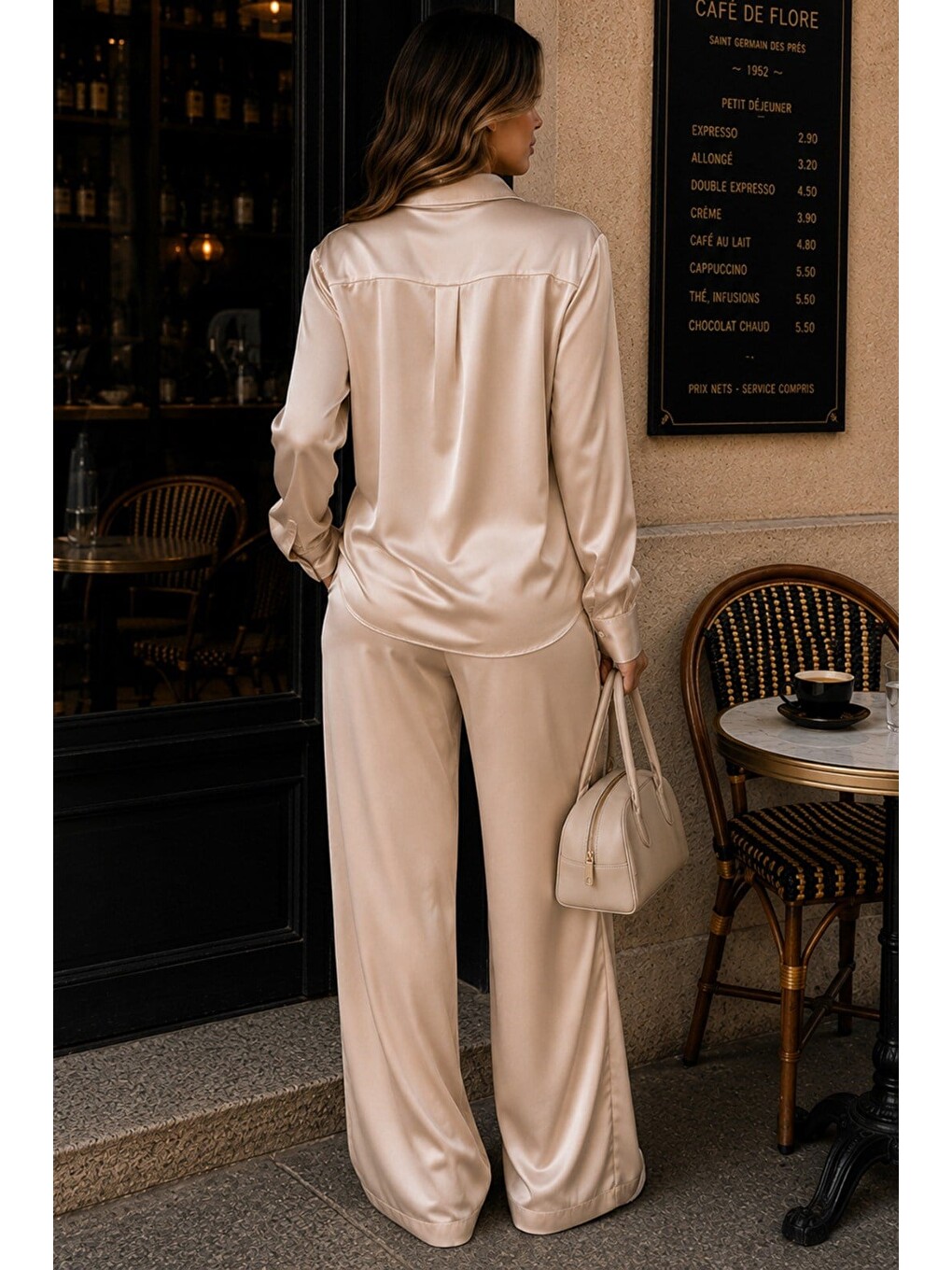 Bej Saten Gömlek Pantolon Takım Mg2745-1
