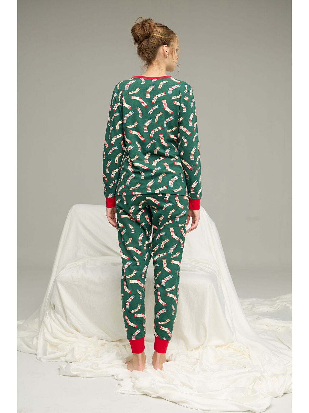 Yeşil Desenli Pamuklu Bisiklet Yaka Örme Pijama Takım25241133-1