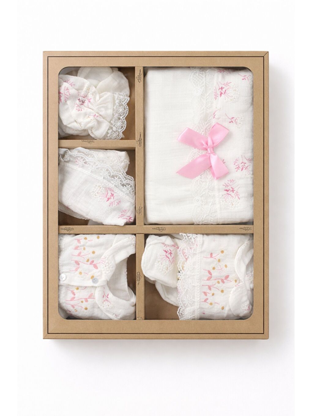 Beyaz Kız Bebek Organik Pamuk Çiçekli Müslin Kumaş 10lu Hastane Çıkış Seti Yenidoğan-1
