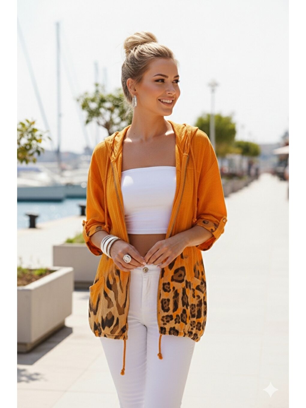 İtalyan Turuncu Düğmeli Uzun Kollu Cepli Kapüşonlu Fermuarlı Baskılı Regular Boy Dokuma Ceket 68 65-1