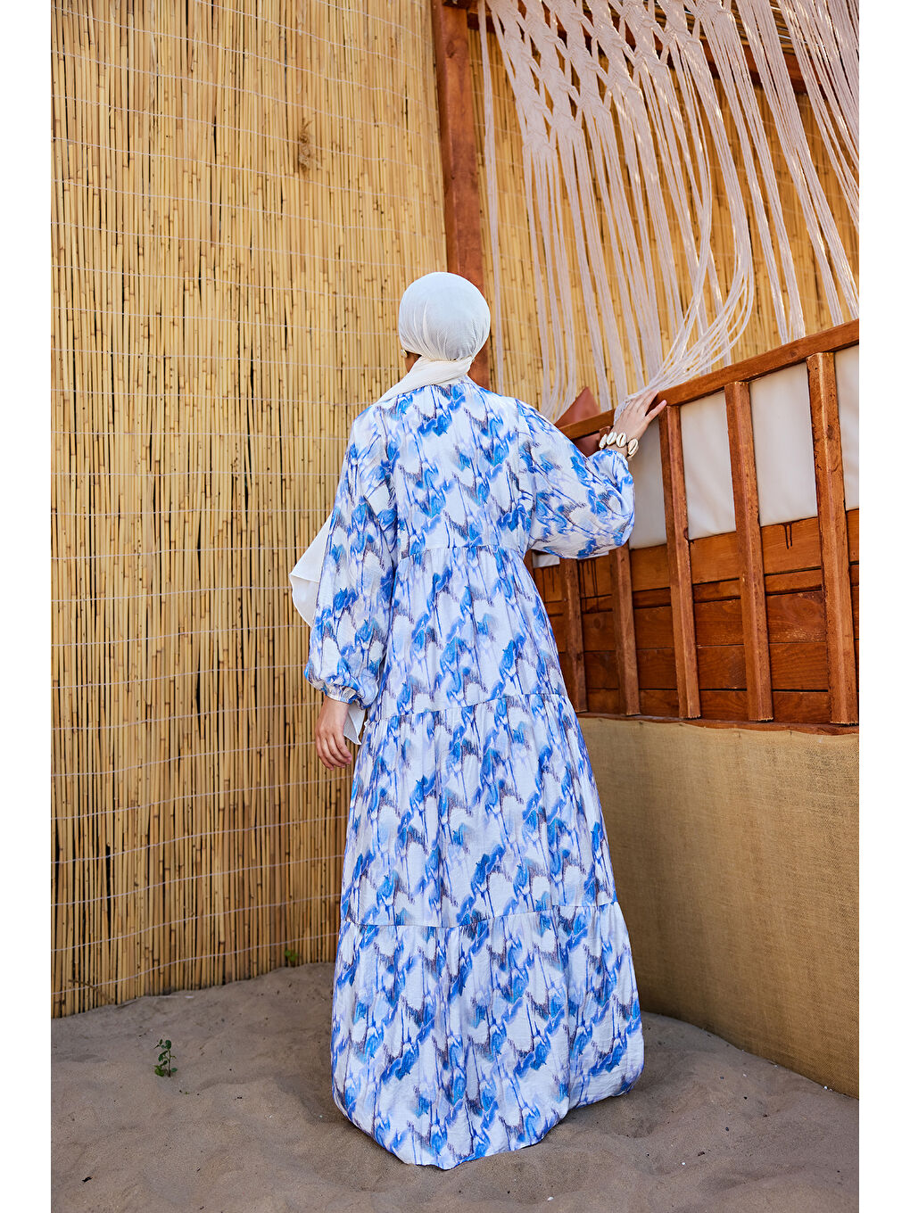 Kadın Fırça Desen Elbise Mavi-3