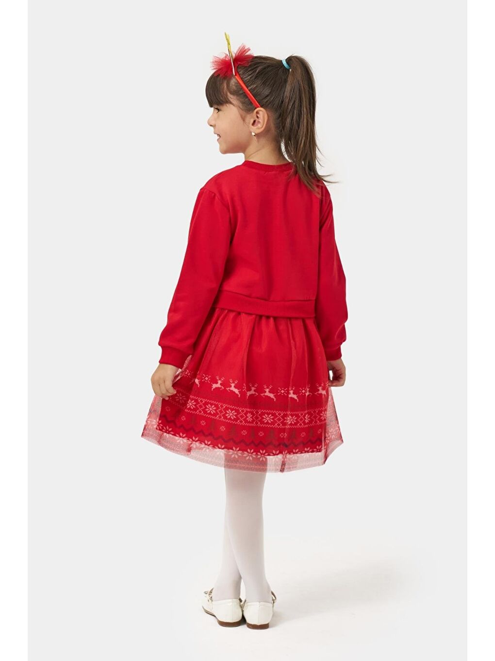 Kız Çocuk Pamuklu Kırmızı Geyik Desenli Tüllü Elbise - Yılbaşı Konseptli Oh Deer Baskılı-4