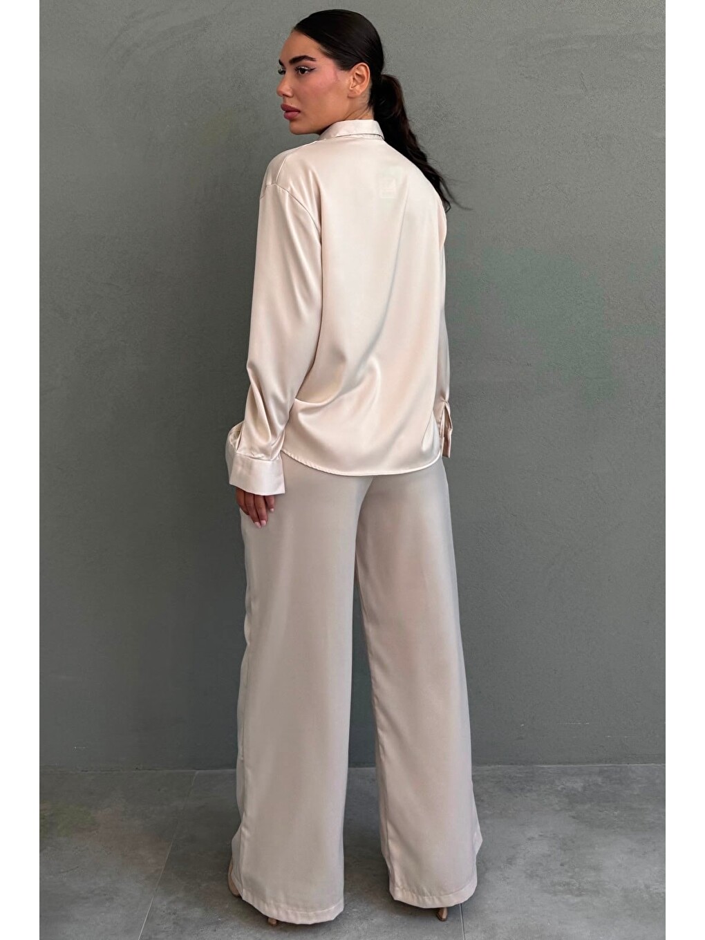 Bej Saten Gömlek Pantolon Takım Mg2745-3