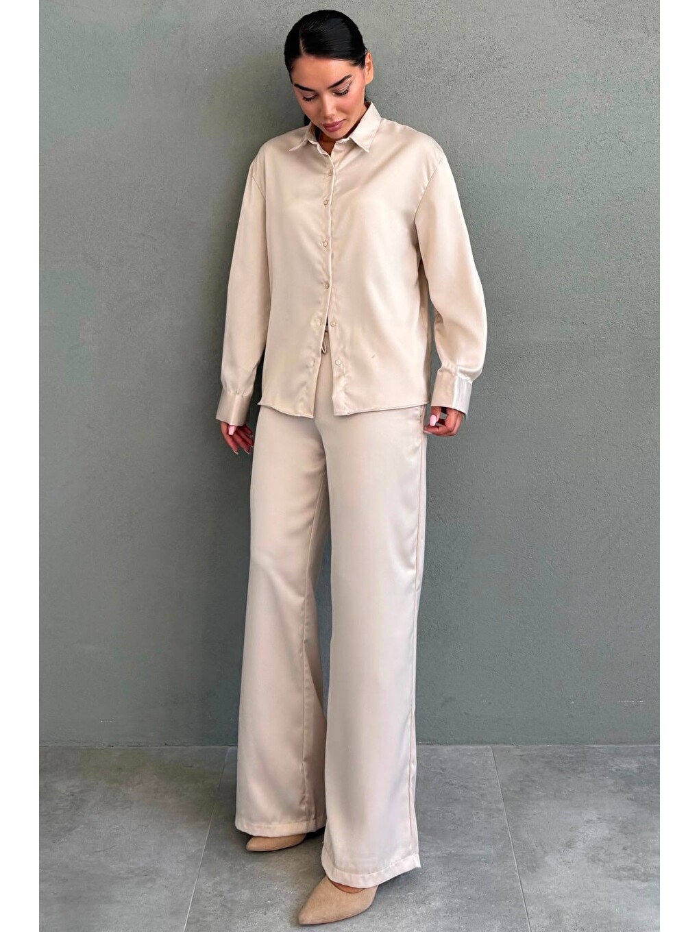 Bej Saten Gömlek Pantolon Takım Mg2745-4