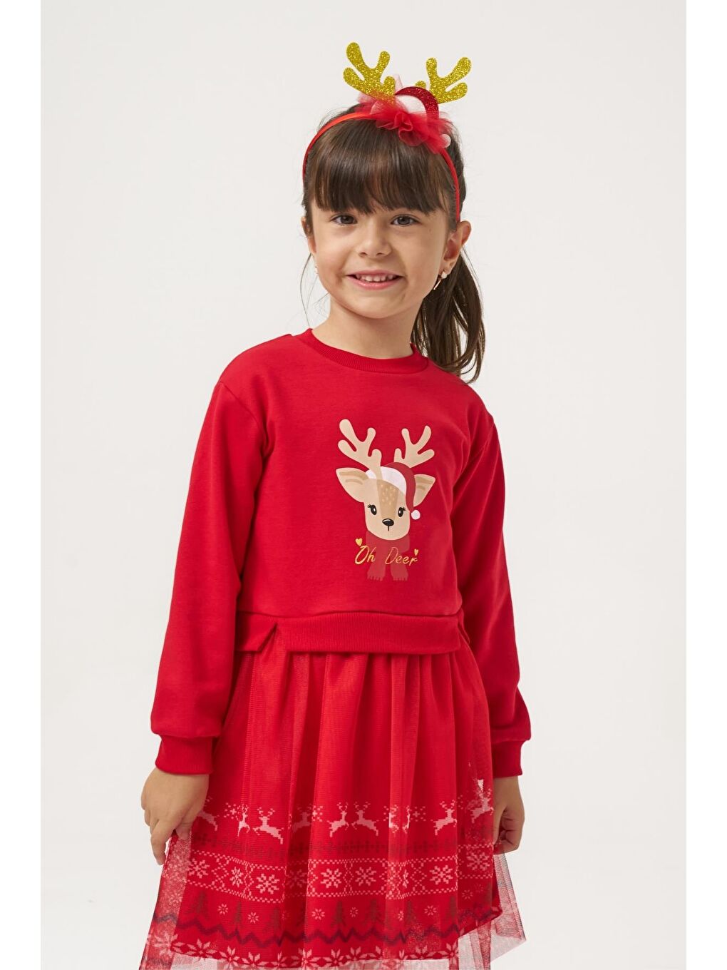 Kız Çocuk Pamuklu Kırmızı Geyik Desenli Tüllü Elbise - Yılbaşı Konseptli Oh Deer Baskılı-5