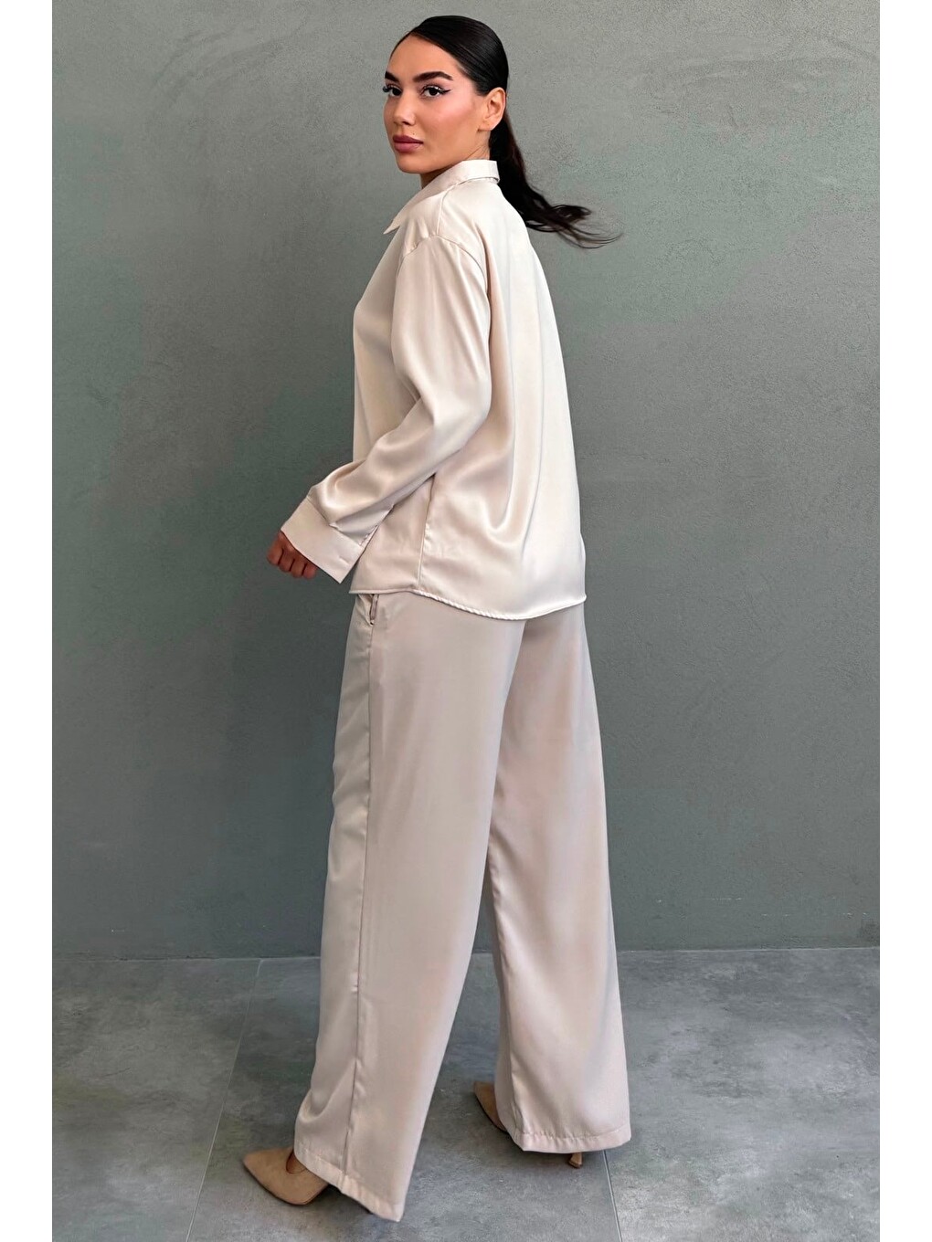 Bej Saten Gömlek Pantolon Takım Mg2745-5