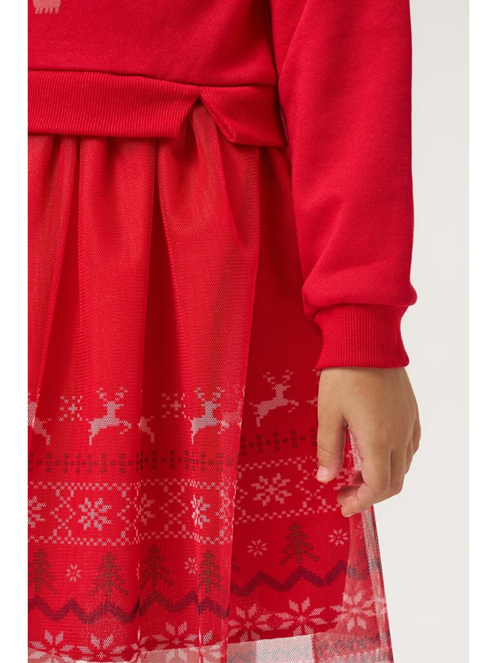 Kız Çocuk Pamuklu Kırmızı Geyik Desenli Tüllü Elbise - Yılbaşı Konseptli Oh Deer Baskılı-6