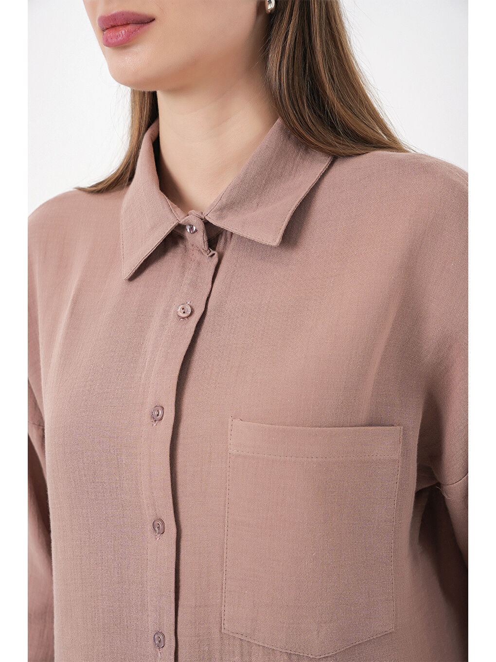 Pembe Kadın Tek Cepli Oversize Müslin Gömlek 20353 - Gül Kurusu-4