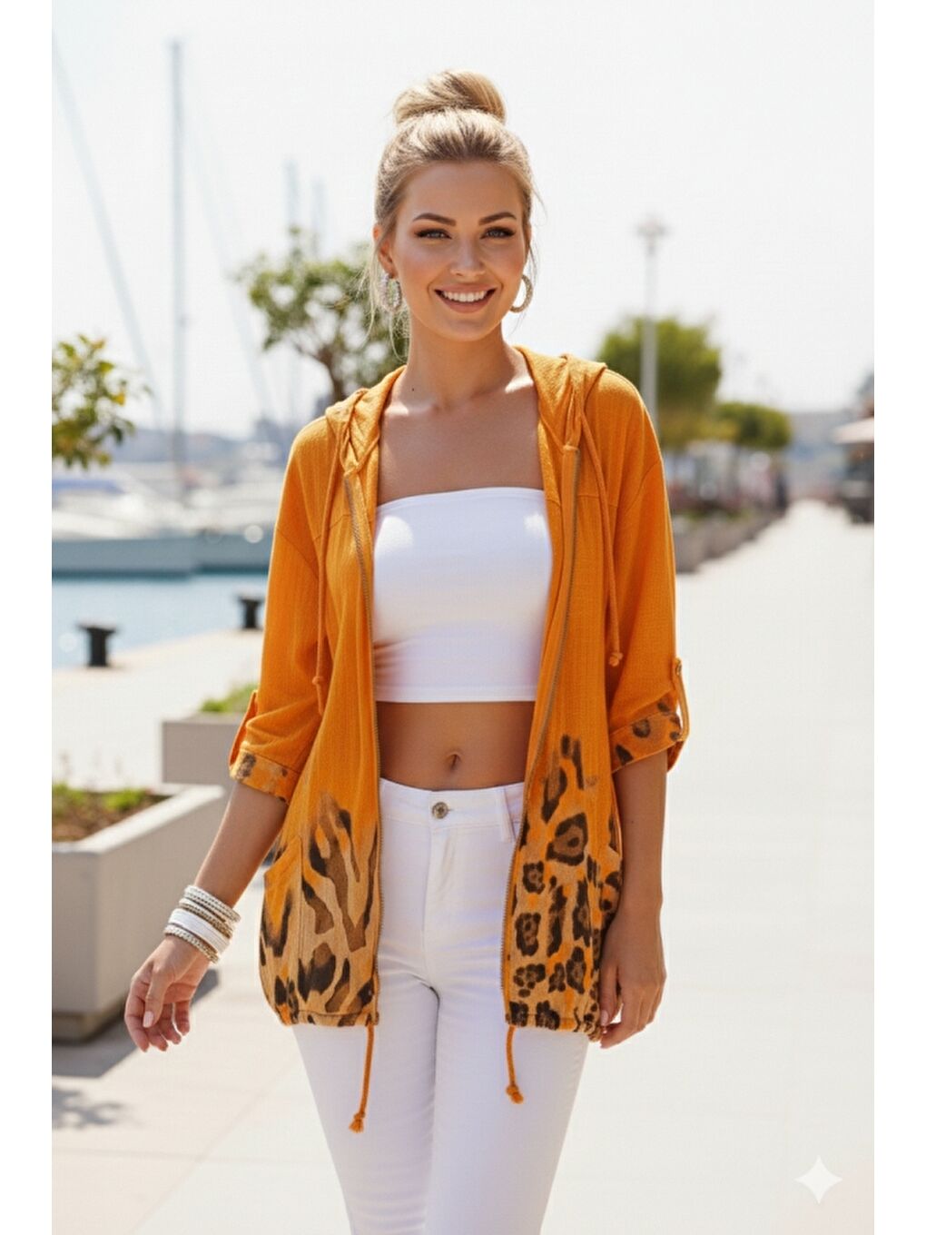 İtalyan Turuncu Düğmeli Uzun Kollu Cepli Kapüşonlu Fermuarlı Baskılı Regular Boy Dokuma Ceket 68 65-2