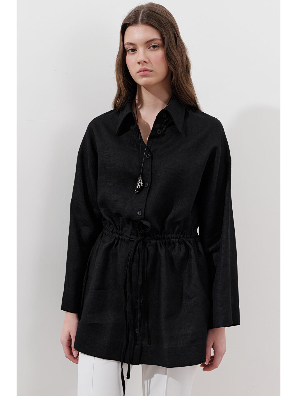Keten Beli Bağlamalı Tunik Siyah