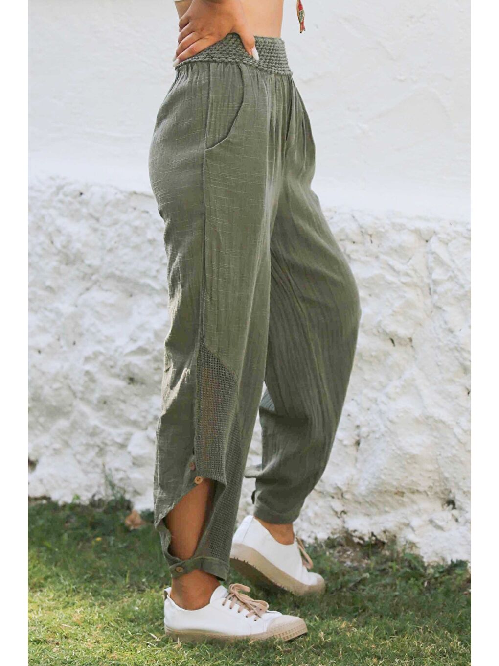 Haki Cepli File Detaylı Yıkamalı Dokuma Lastikli Bel Jogger Paça Casual Pantolon