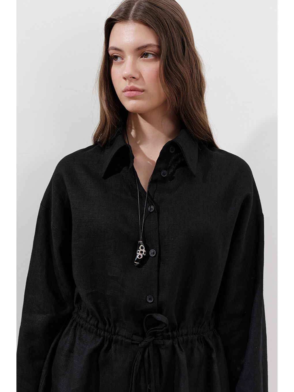 Keten Beli Bağlamalı Tunik Siyah-1