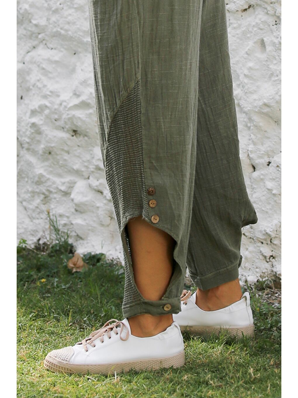 Haki Cepli File Detaylı Yıkamalı Dokuma Lastikli Bel Jogger Paça Casual Pantolon-1