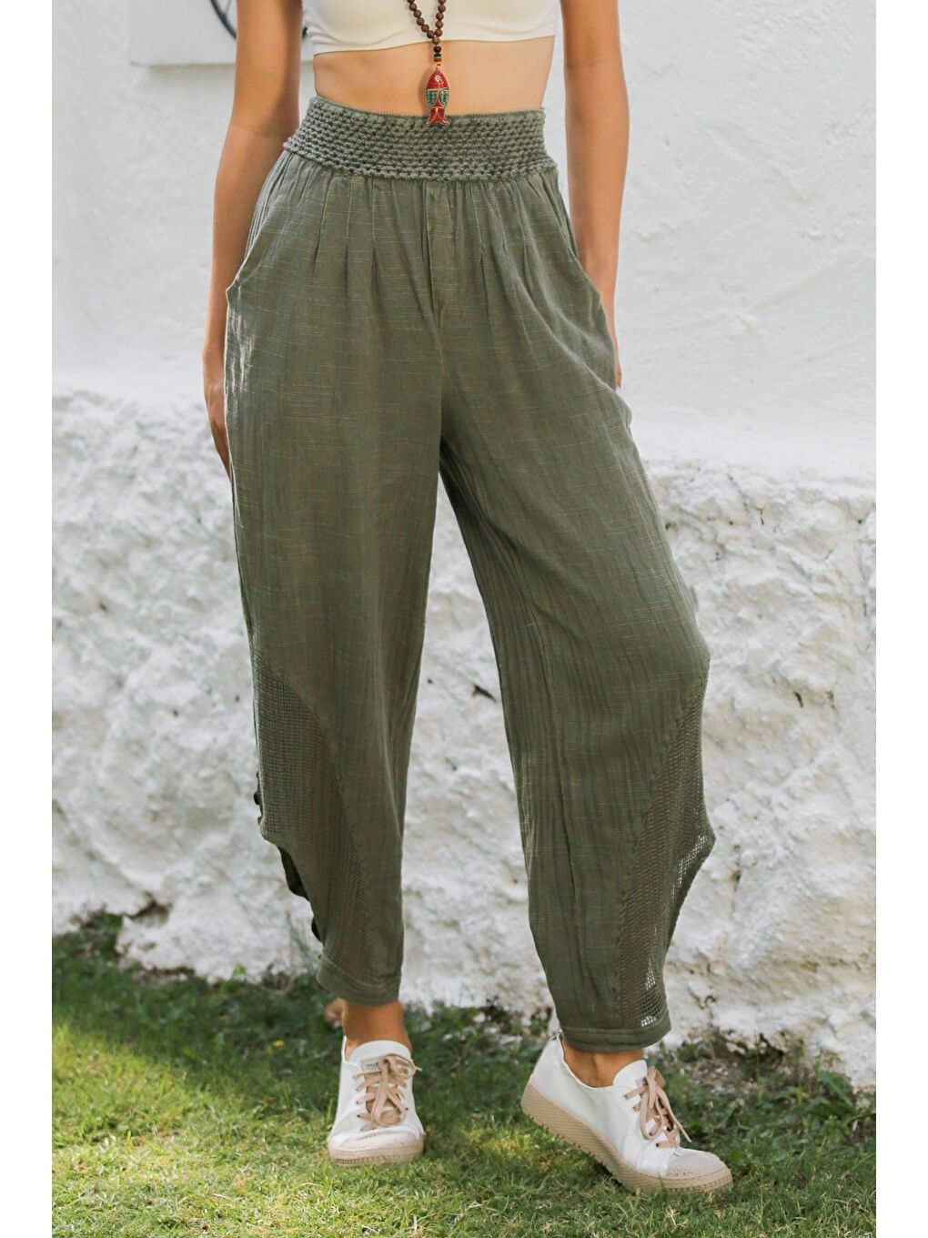 Haki Cepli File Detaylı Yıkamalı Dokuma Lastikli Bel Jogger Paça Casual Pantolon-2