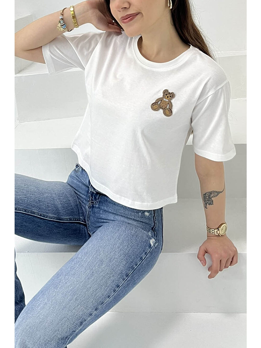 Ayıcık Nakışlı Kısa Kollu T-Şhirt Beyaz - 27030