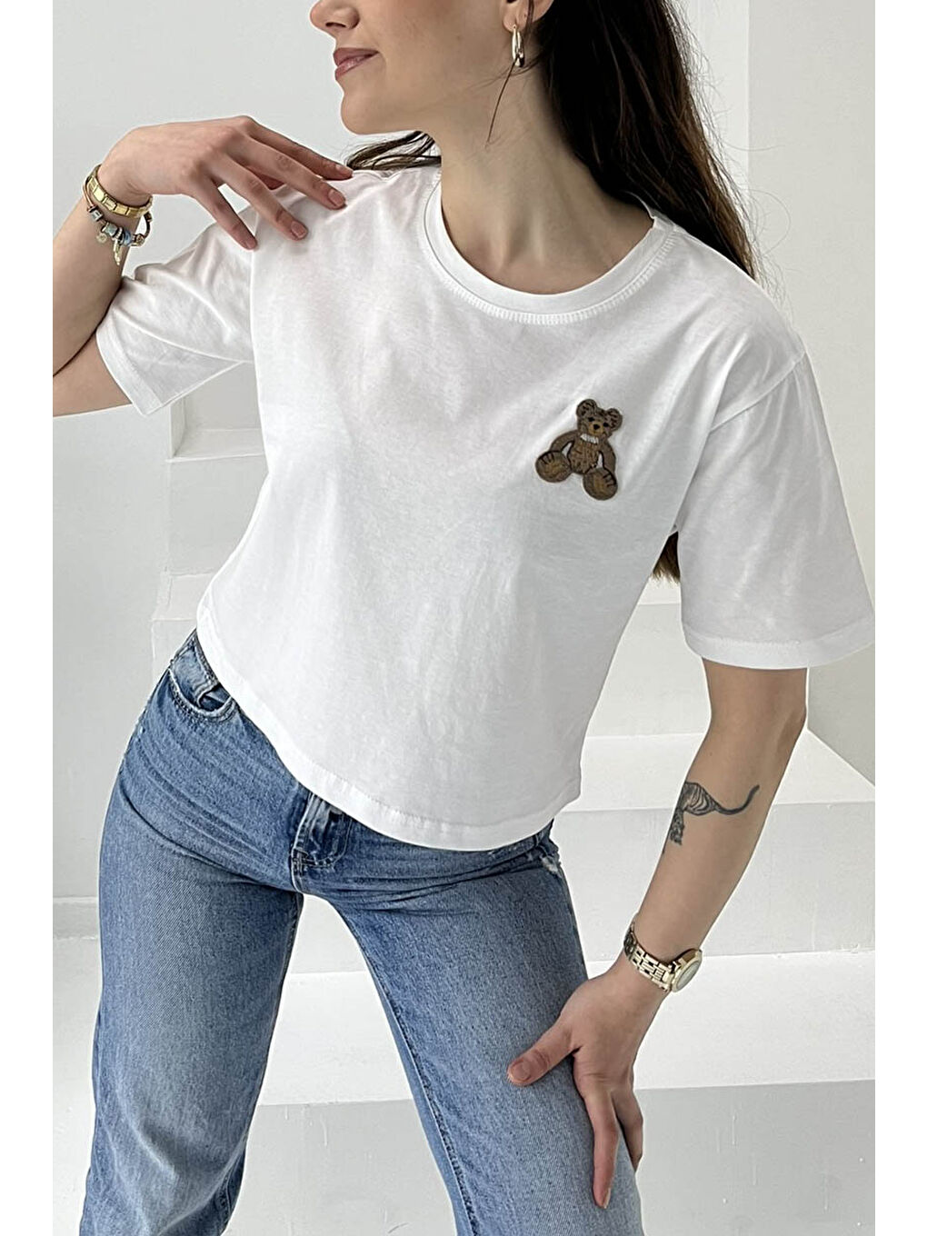 Ayıcık Nakışlı Kısa Kollu T-Şhirt Beyaz - 27030-1