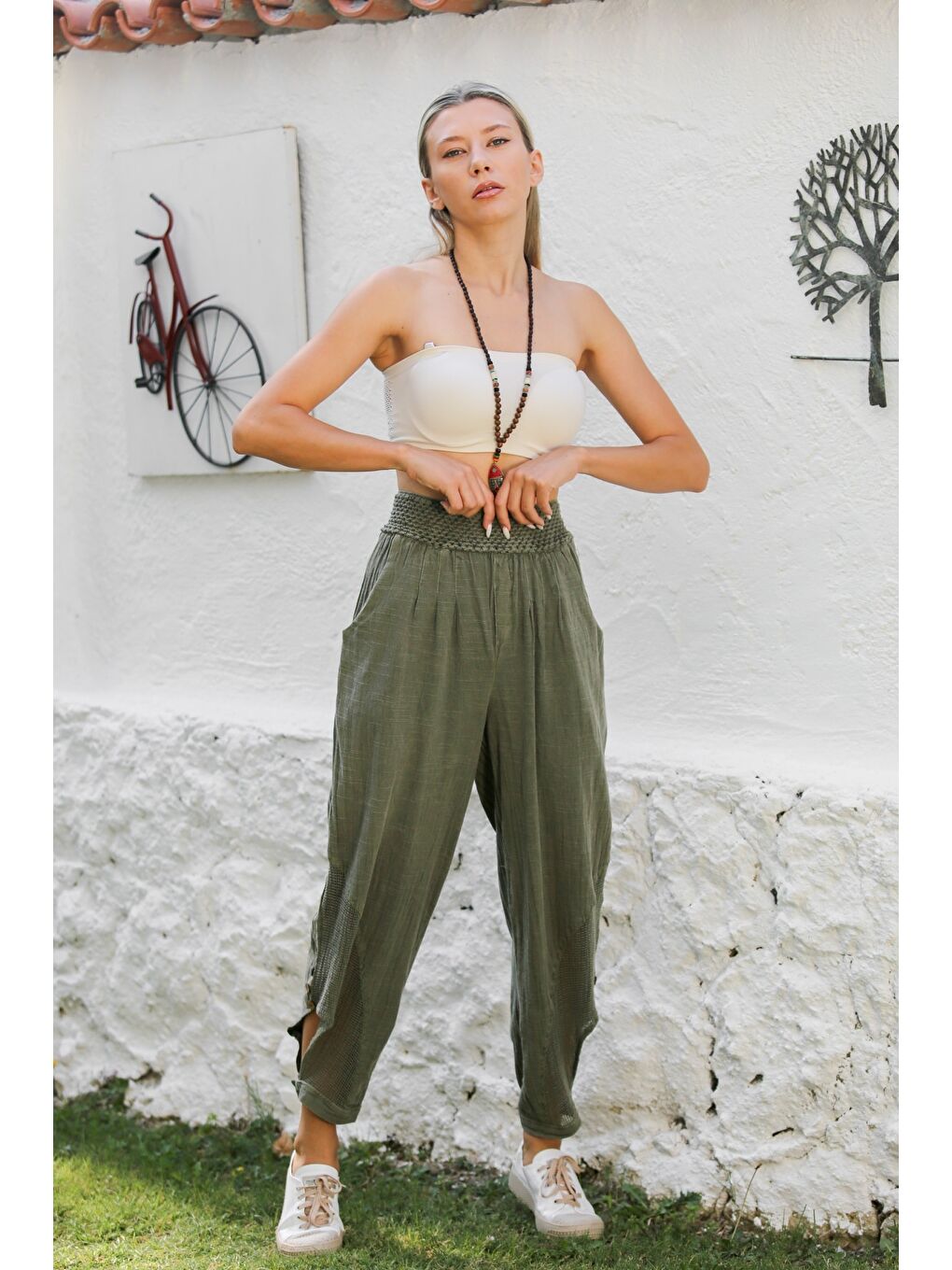 Haki Cepli File Detaylı Yıkamalı Dokuma Lastikli Bel Jogger Paça Casual Pantolon-3