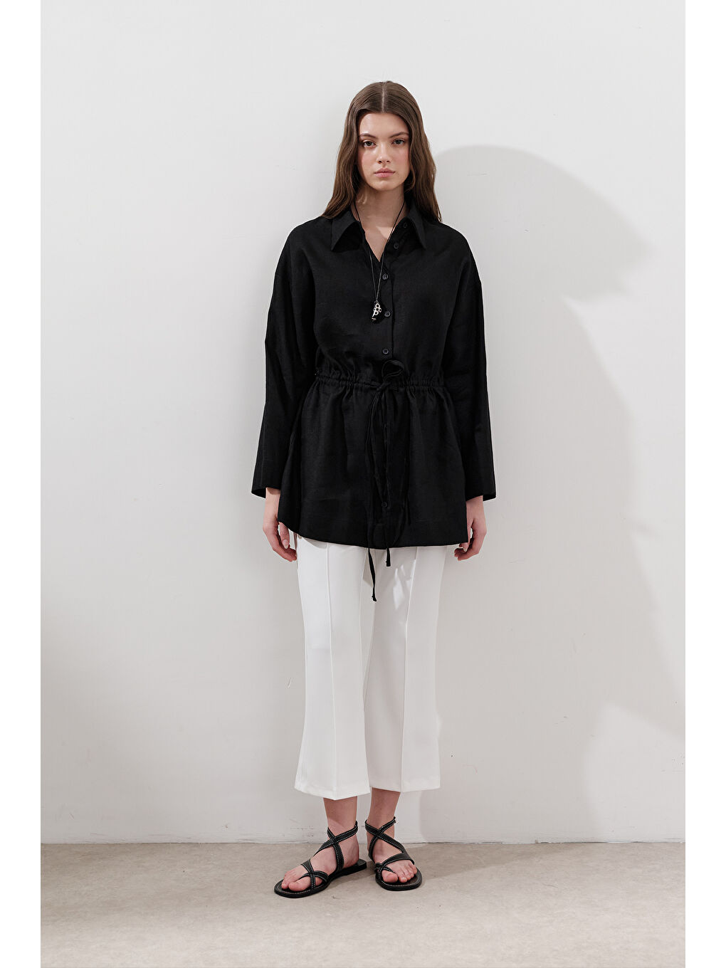 Keten Beli Bağlamalı Tunik Siyah-2