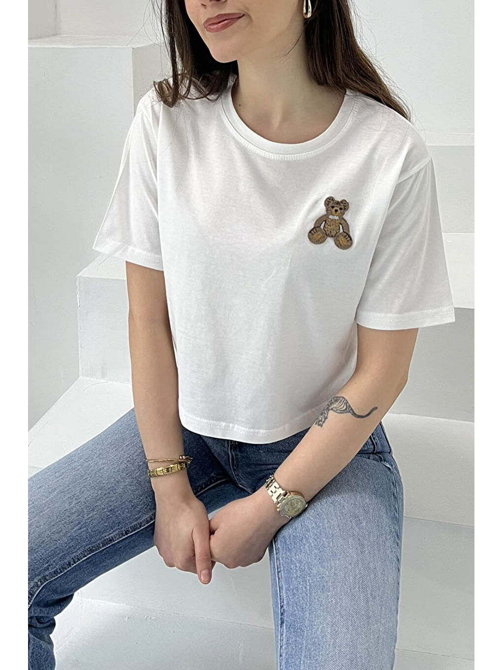 Ayıcık Nakışlı Kısa Kollu T-Şhirt Beyaz - 27030-2