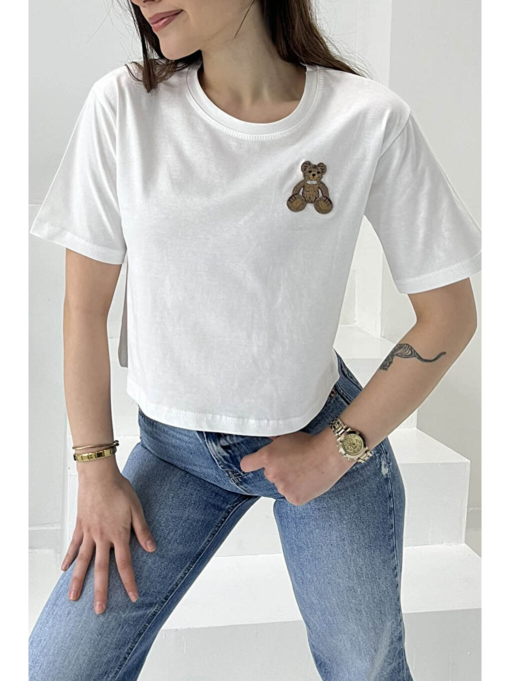Ayıcık Nakışlı Kısa Kollu T-Şhirt Beyaz - 27030-3