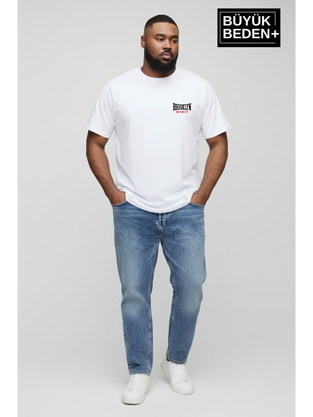 Beyaz Erkek Büyük Beden Brooklyn 1970 Baskılı 3xl-6xl Bisiklet Yaka Tshırt Spr26bts510-03