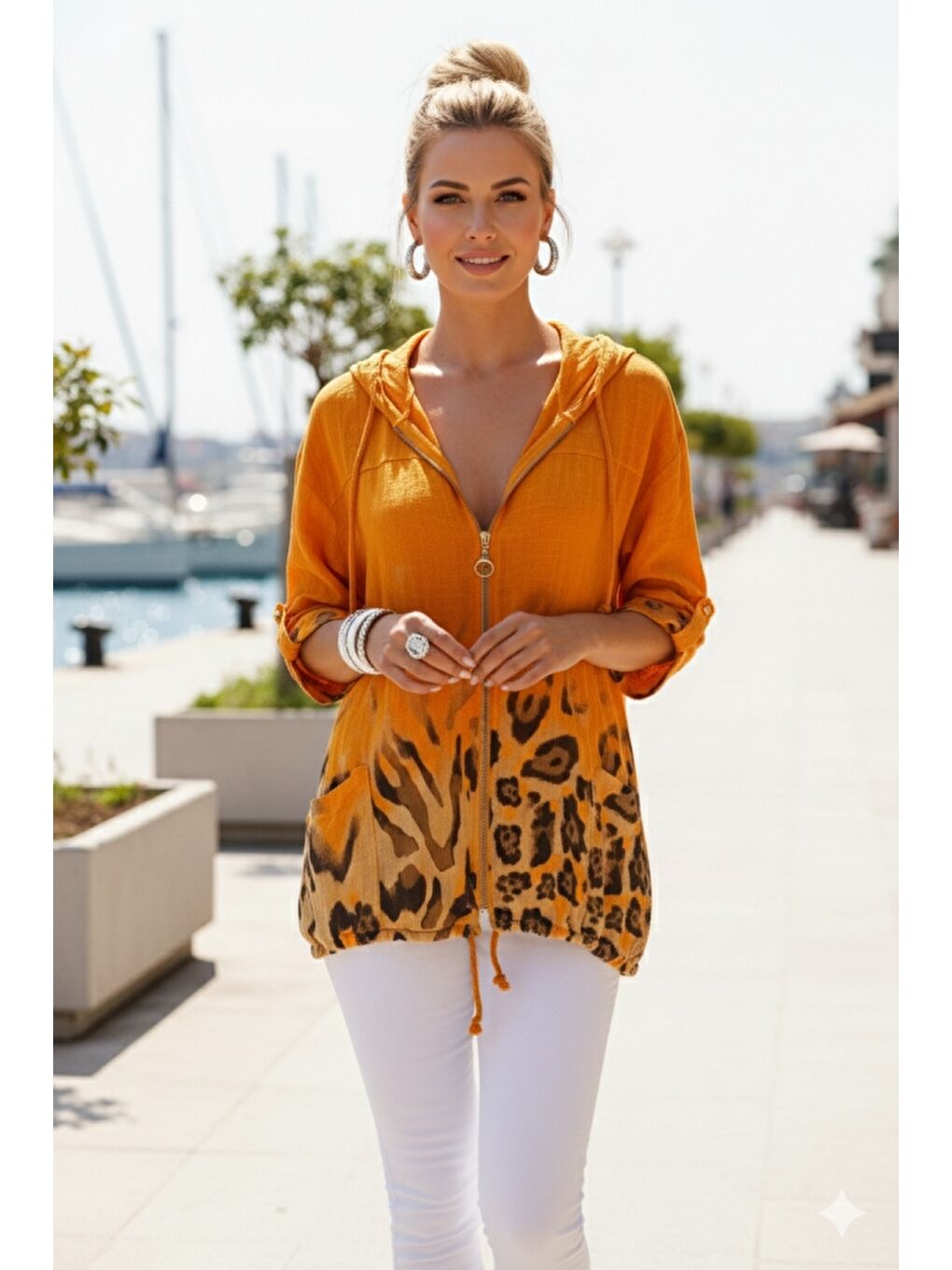 İtalyan Turuncu Düğmeli Uzun Kollu Cepli Kapüşonlu Fermuarlı Baskılı Regular Boy Dokuma Ceket 68 65-3