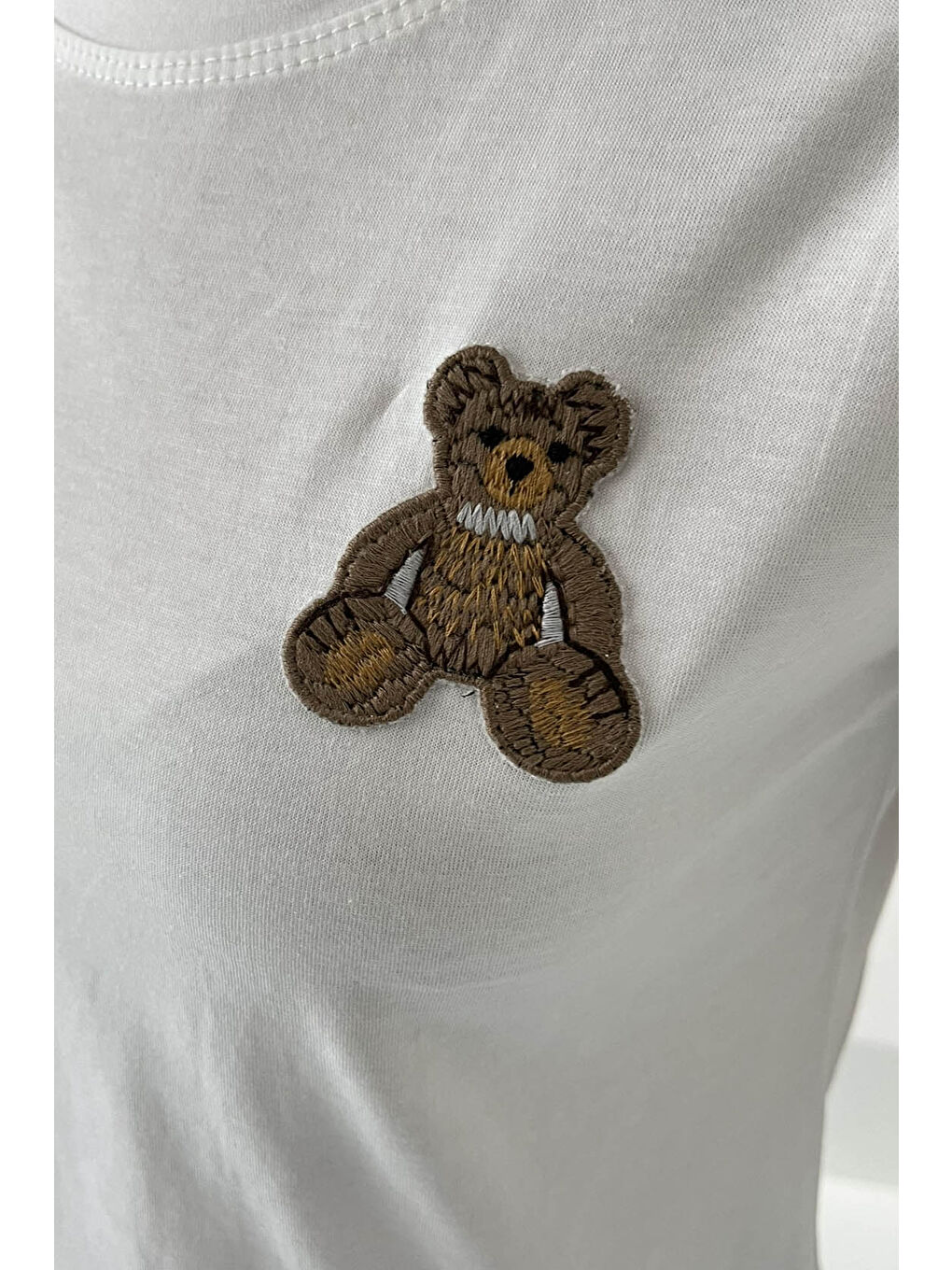 Ayıcık Nakışlı Kısa Kollu T-Şhirt Beyaz - 27030-4