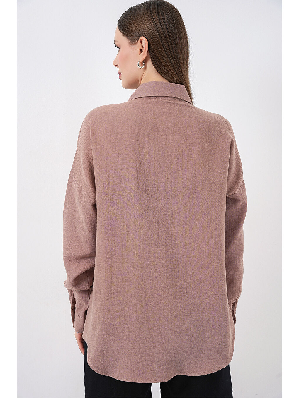 Pembe Kadın Tek Cepli Oversize Müslin Gömlek 20353 - Gül Kurusu-5