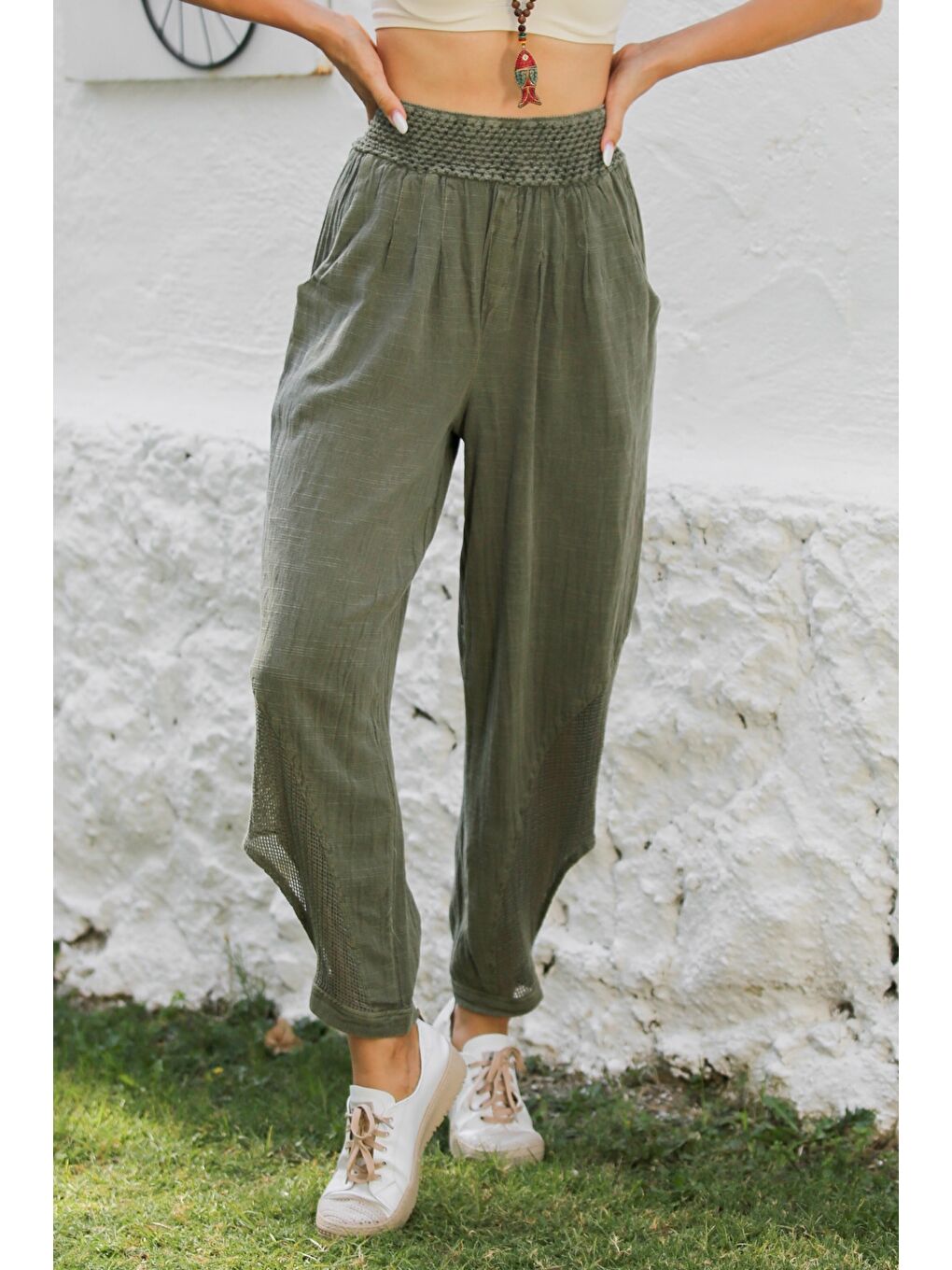 Haki Cepli File Detaylı Yıkamalı Dokuma Lastikli Bel Jogger Paça Casual Pantolon-5