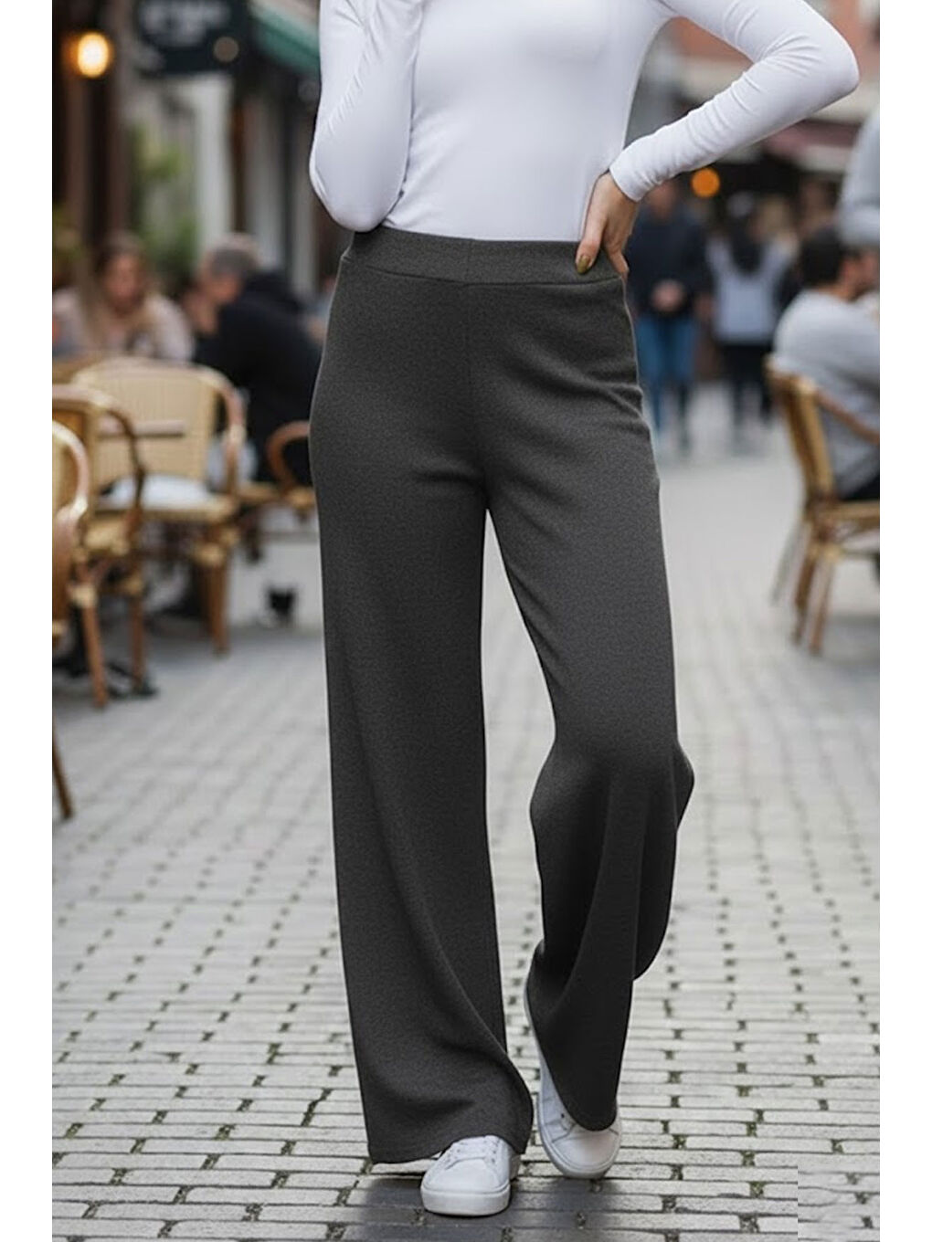 Gri Füme Modal Bol Paça Yüksek Bel Yumuşak Dokulu Beli Lastikli Elastanlı Pantolon