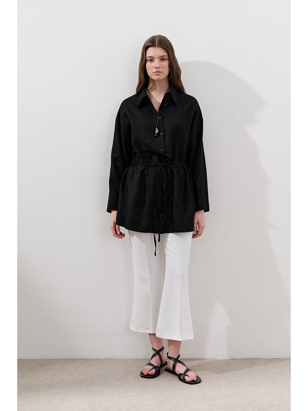 Keten Beli Bağlamalı Tunik Siyah-3