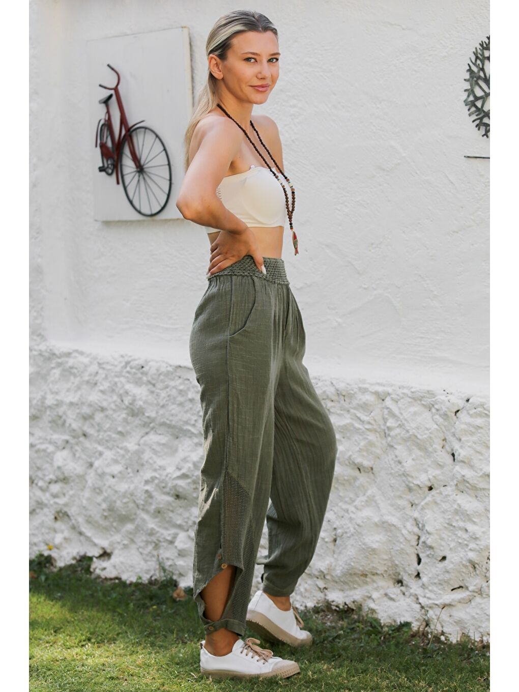 Haki Cepli File Detaylı Yıkamalı Dokuma Lastikli Bel Jogger Paça Casual Pantolon-6