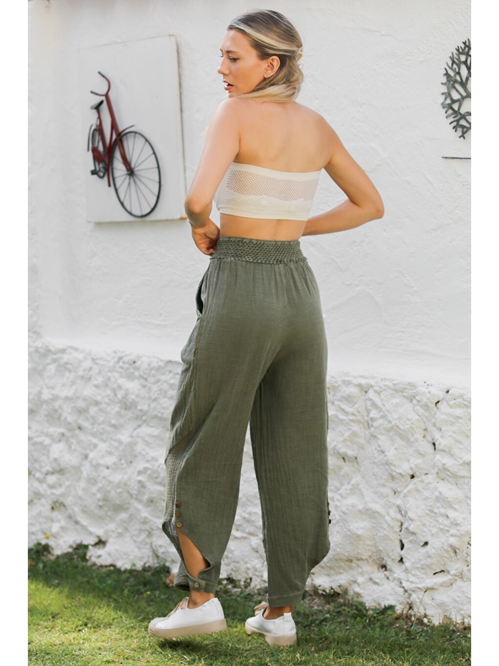 Haki Cepli File Detaylı Yıkamalı Dokuma Lastikli Bel Jogger Paça Casual Pantolon-7