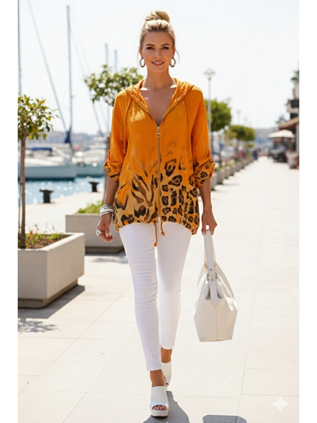 İtalyan Turuncu Düğmeli Uzun Kollu Cepli Kapüşonlu Fermuarlı Baskılı Regular Boy Dokuma Ceket 68 65-4