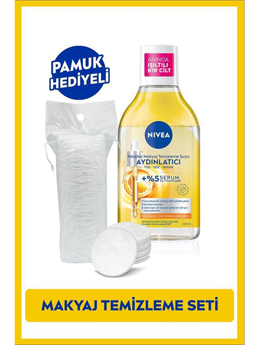 NIVEA Şeffaf Aydınlatıcı Serum İçerikli Micellar Makyaj Temizleme Suyu 400ml, Pamuk Hediyeli