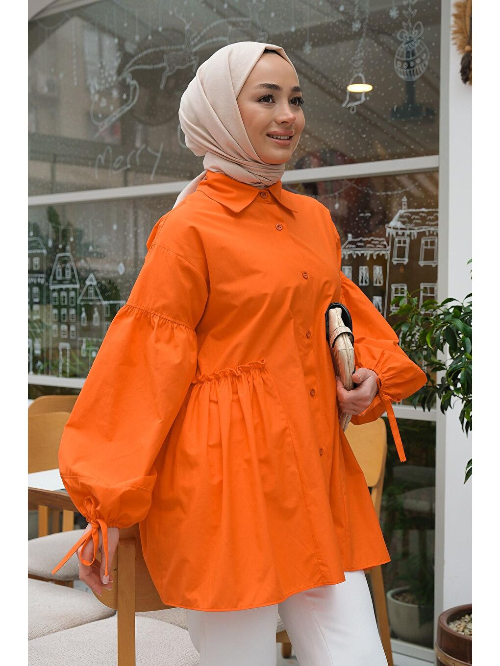 Kol Bağlamalı Bel Fırfır Detay Gömlek Turuncu